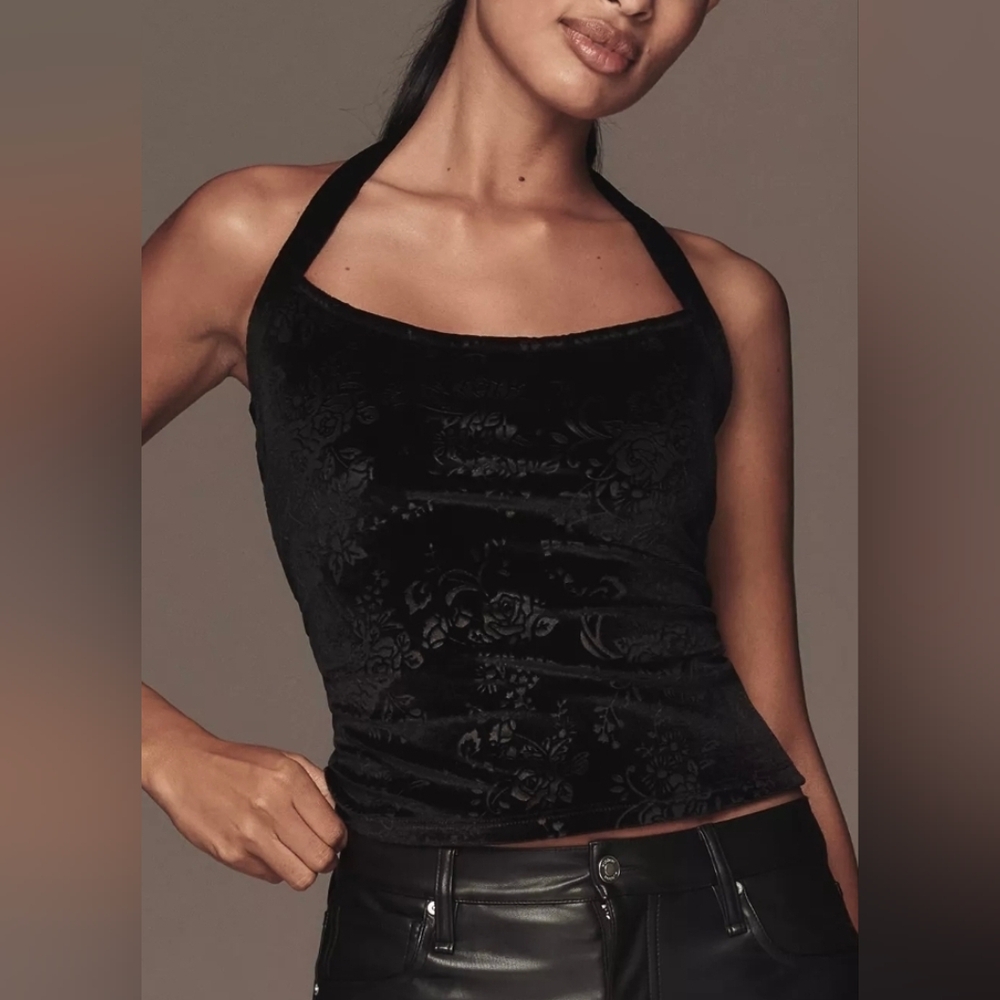 Anthropologie Black Velvet Burnout Halter Top